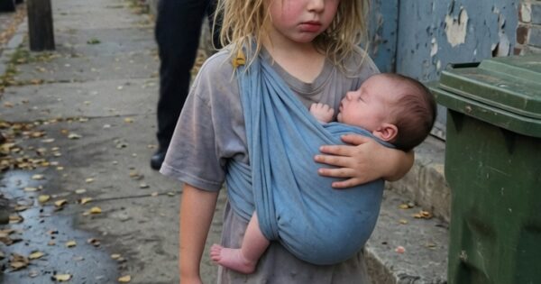 Barefoot Child Secret Found Inside a Torn Blue Shirt Sling