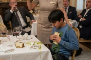 Golden table boy Carries a Card Into a Room of Wealth
