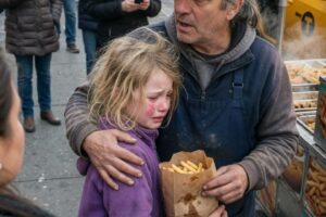 Hungry Little Girl Gets Food and Hugs a Vendor on a Busy Street