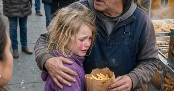 Hungry Little Girl Gets Food and Hugs a Vendor on a Busy Street