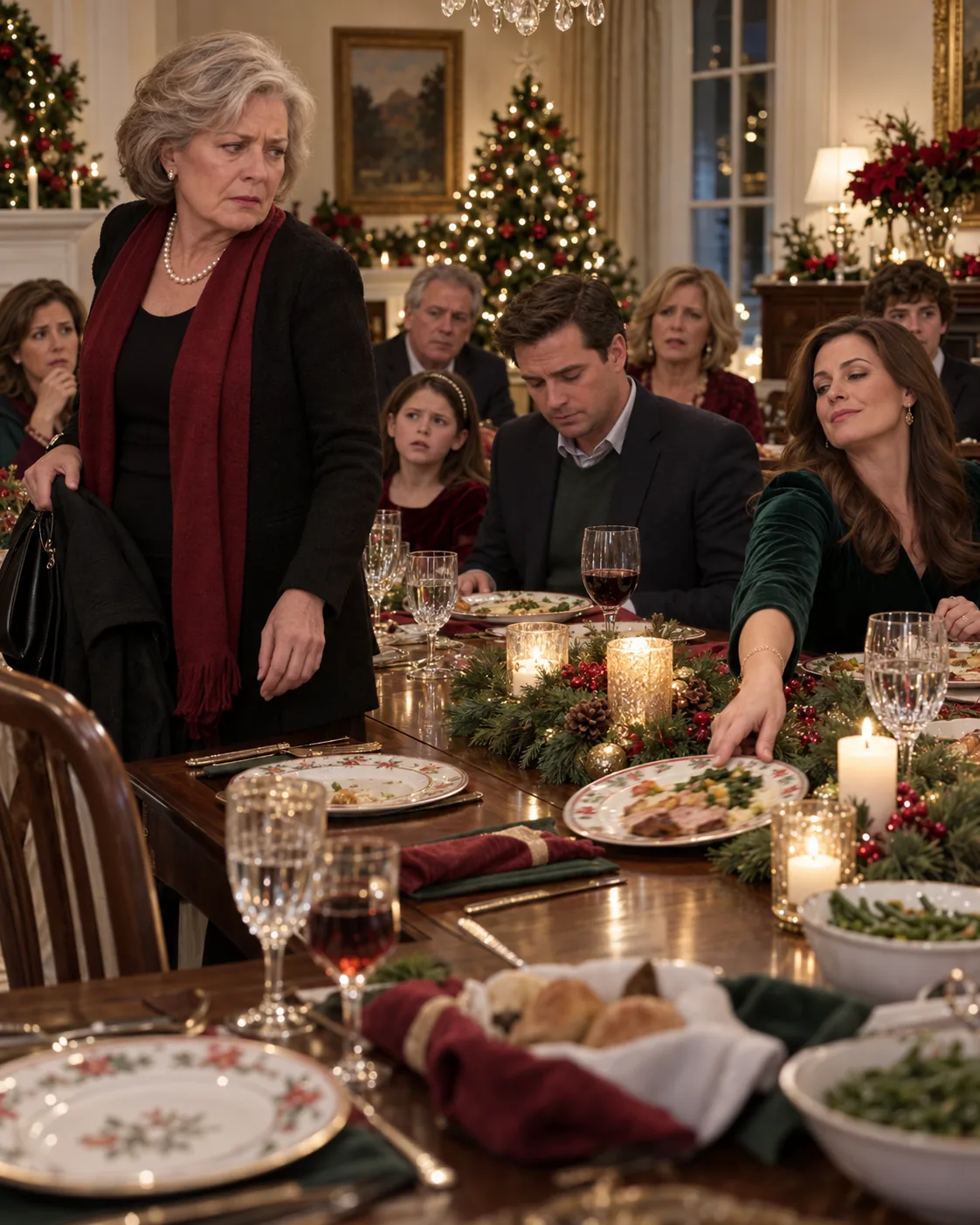 Christmas Dinner Family Holiday Gathering Christmas Dinner Family gathered around a candlelit holiday table with evergreen decorations
