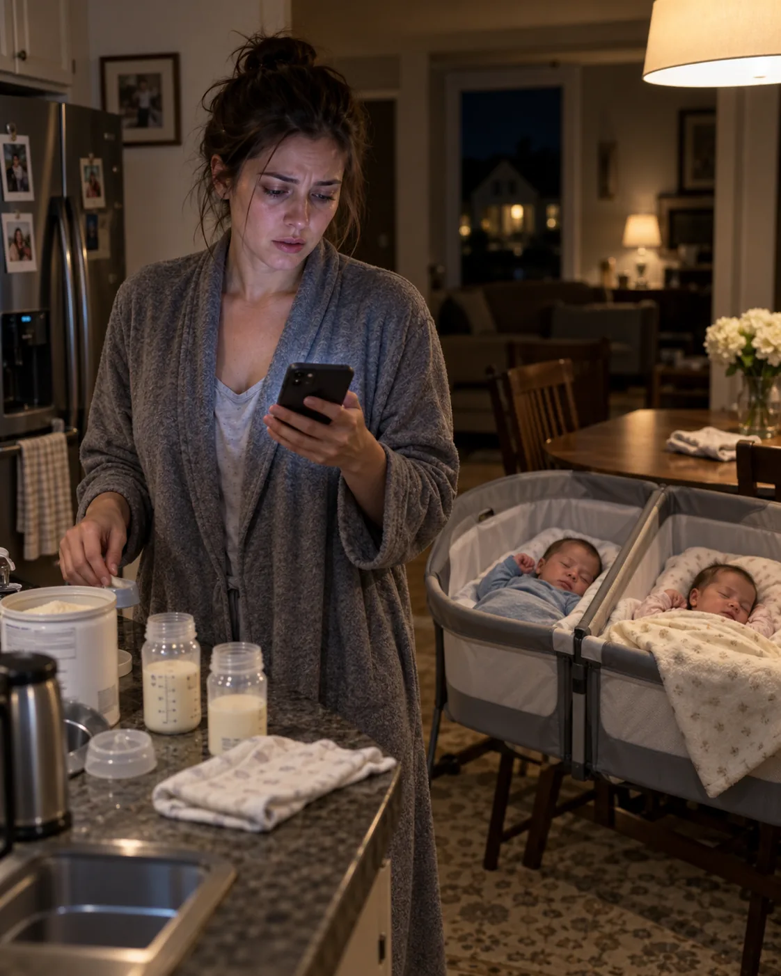 newborn twins divorce message: Newborn Twins, a Message, and a Fragile Silence newborn twins divorce message: Newborn twins in bassinets beside kitchen table